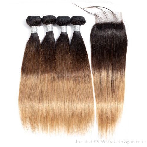 3 Tone Color Ombre Hair 1b/4/27 Closure With Human Hair Weave Bundles Ombre Hair Extensions